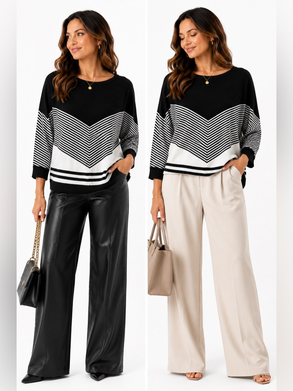 Tahari Black White Chevron Dolman Sleeve Knit Sweater Medium NWT